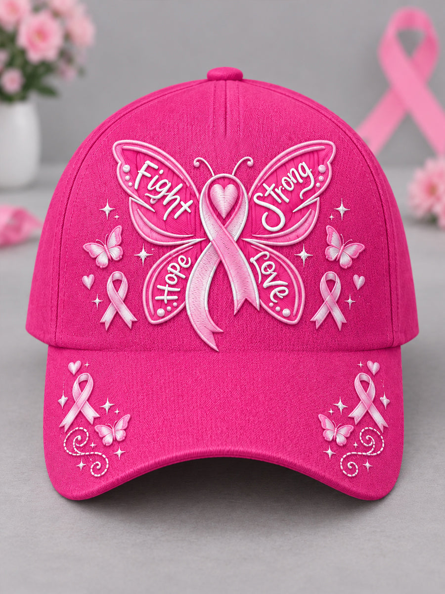Unisex Pink Ribbon Fight Strong Hope Love Butterfly Print Breast Cancer Awareness Support Hat