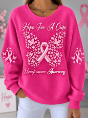 Women's Pink Ribbon Hope For A Cure Butterfly Print Breast Cancer Awareness Support Sweatshirt