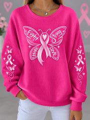Women's Pink Ribbon Fight Strong Hope Love Butterfly Print Breast Cancer Awareness Support Sweatshirt