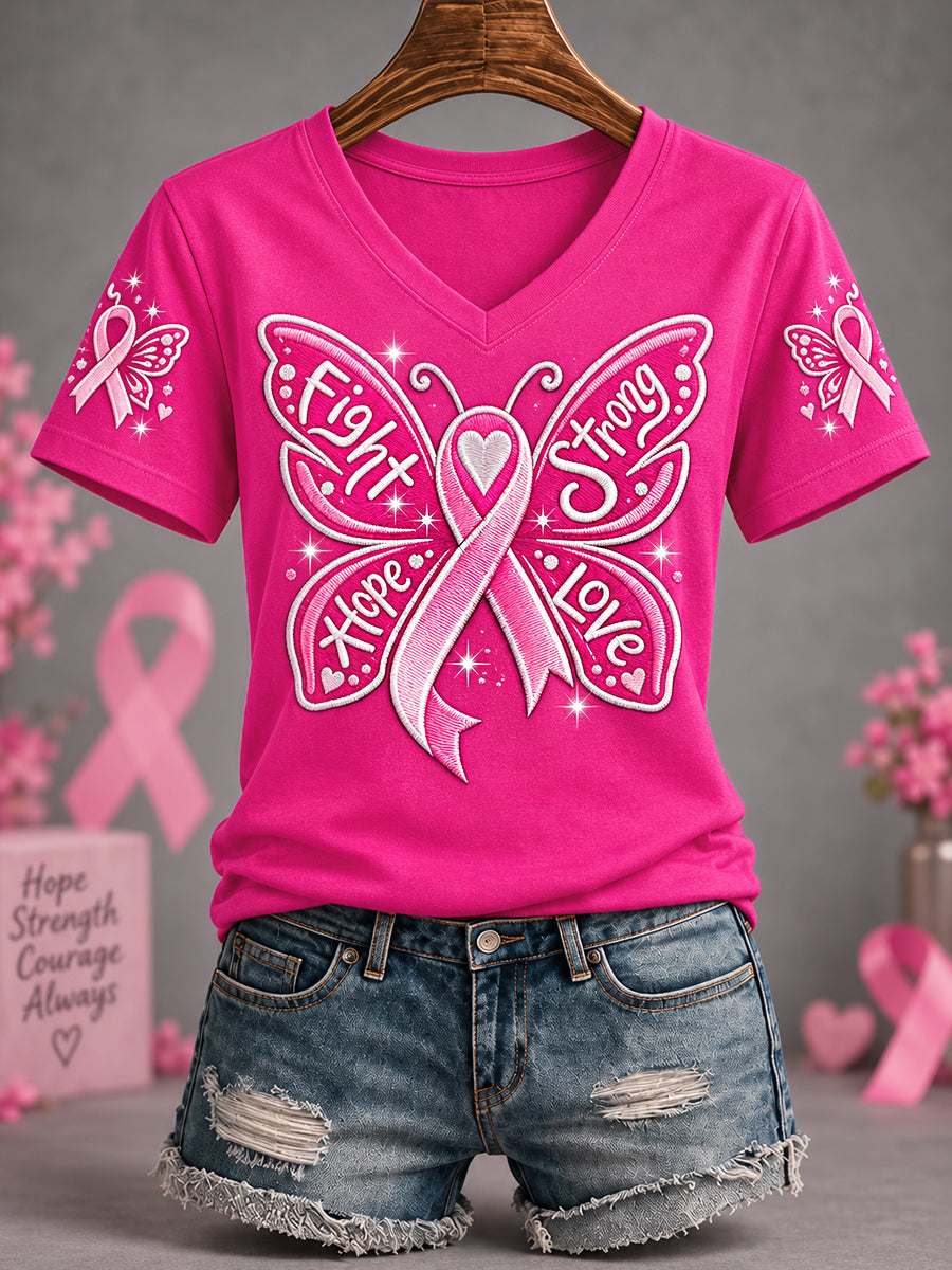 Women's Pink Ribbon Fight Strong Hope Love Butterfly Print Breast Cancer Awareness Support V-Neck Tee
