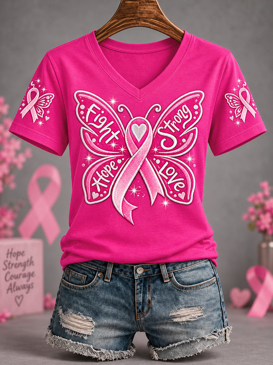 Women's Pink Ribbon Fight Strong Hope Love Butterfly Print Breast Cancer Awareness Support V-Neck Tee