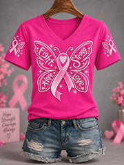 Women's Pink Ribbon Fight Strong Hope Love Butterfly Print Breast Cancer Awareness Support V-Neck Tee
