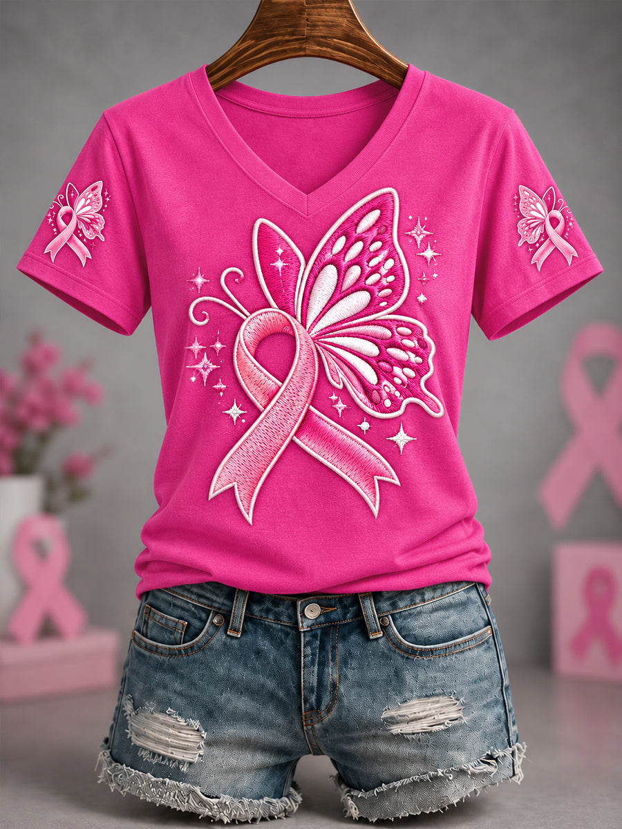 Women's Pink Ribbon Hope For A Cure Butterfly Print Breast Cancer Awareness Support V-Neck Tee