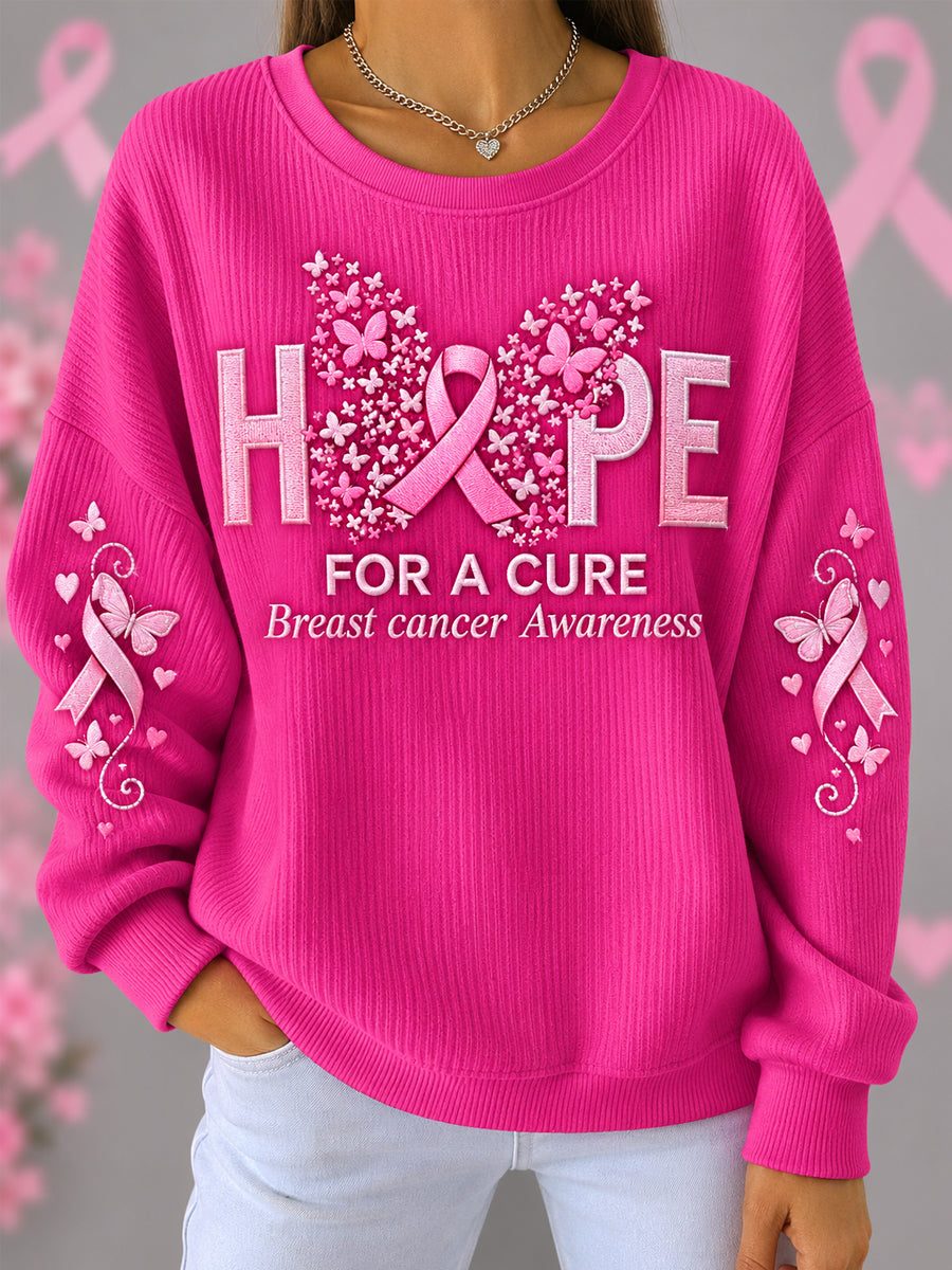 Women's Pink Ribbon Hope For A Cure Butterfly Print Breast Cancer Awareness Support Sweatshirt