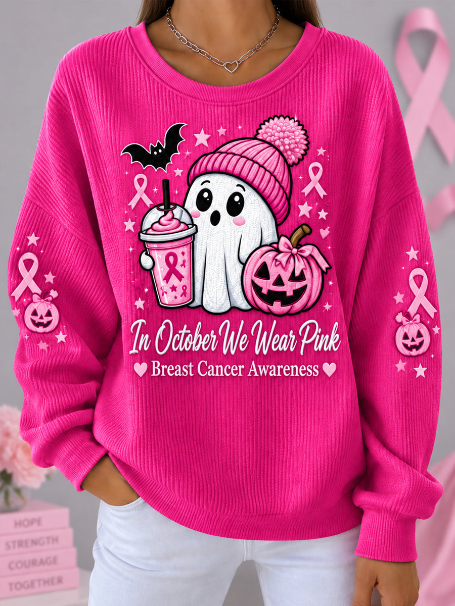 Women's In October We Wear Pink Halloween Pink Ghost Print Breast Cancer Awareness Support Sweatshirt