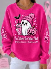Women's In October We Wear Pink Halloween Pink Ghost Print Breast Cancer Awareness Support Sweatshirt