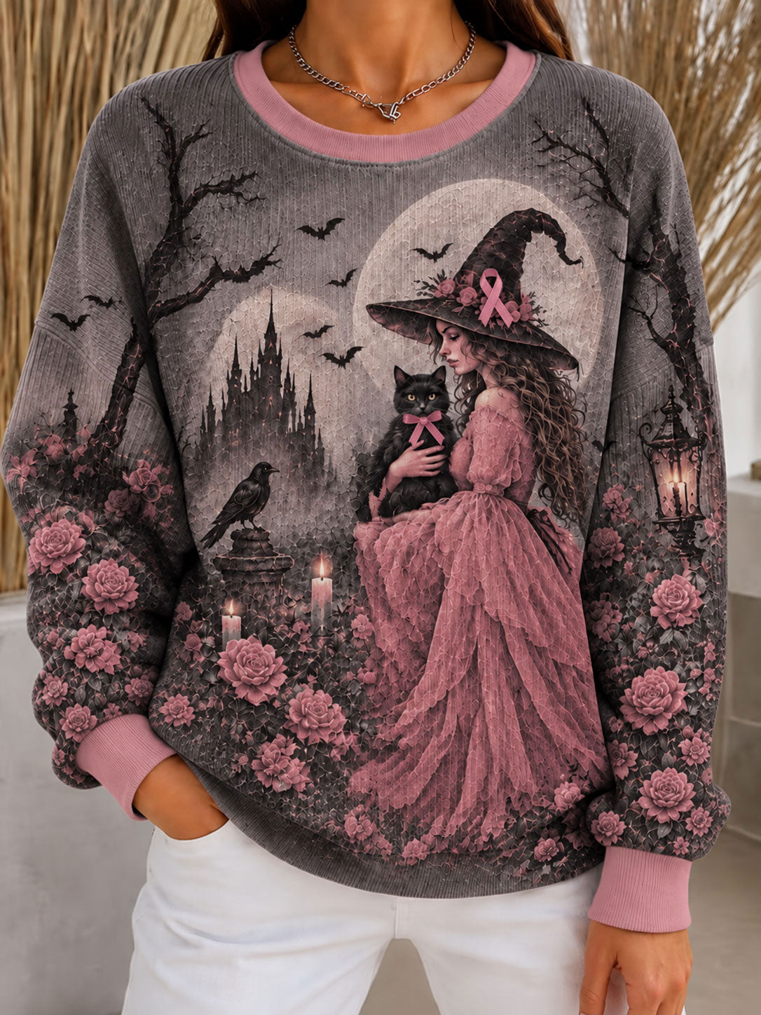 Women's Halloween Pink Ribbon Ribbed Round-Neck Sweatshirt