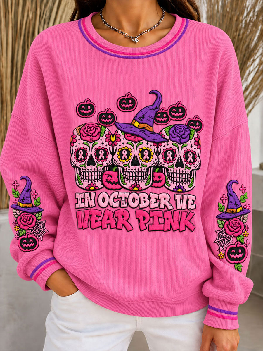 Women's Halloween Breast Cancer Ribbed Round-Neck Sweatshirt