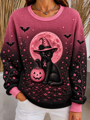 Women's Halloween Pink Ribbon Ribbed Round-Neck Sweatshirt
