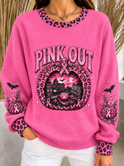 Women's Halloween Pink Ribbon Ribbed Round-Neck Sweatshirt