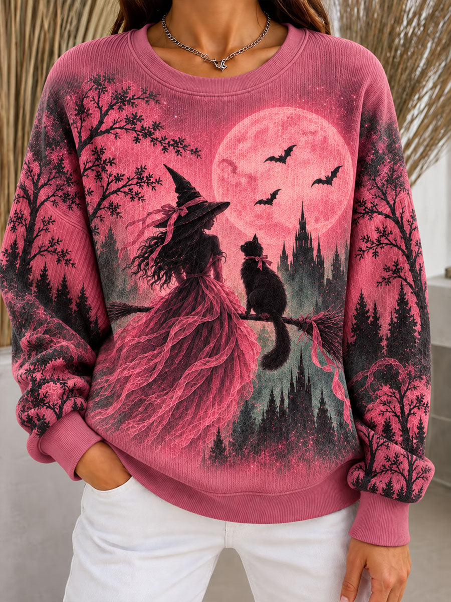 Women's Halloween Breast Cancer Awareness Ribbed Round-Neck Sweatshirt