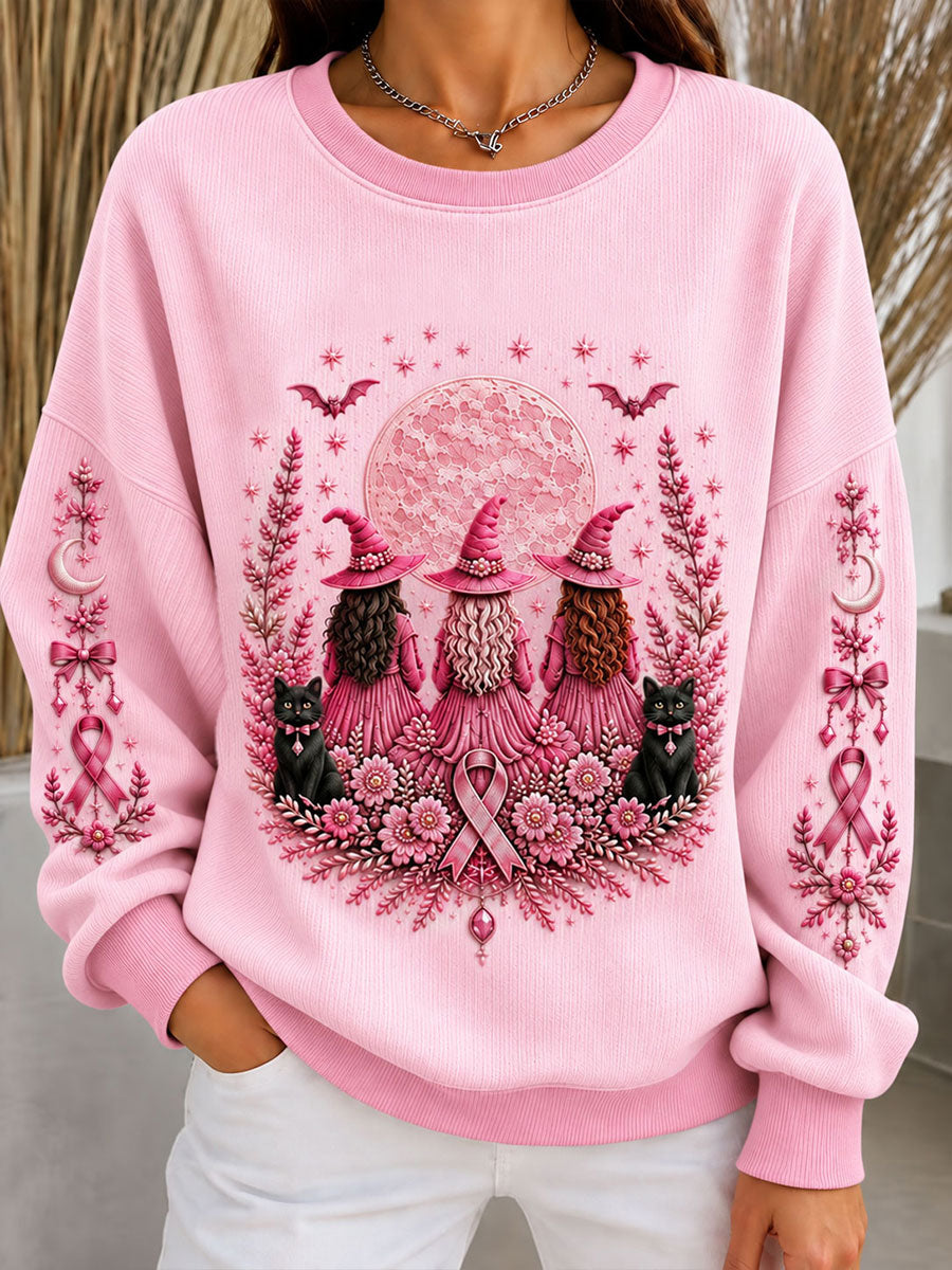 Women's Halloween Pink Ribbon Ribbed Round-Neck Sweatshirt
