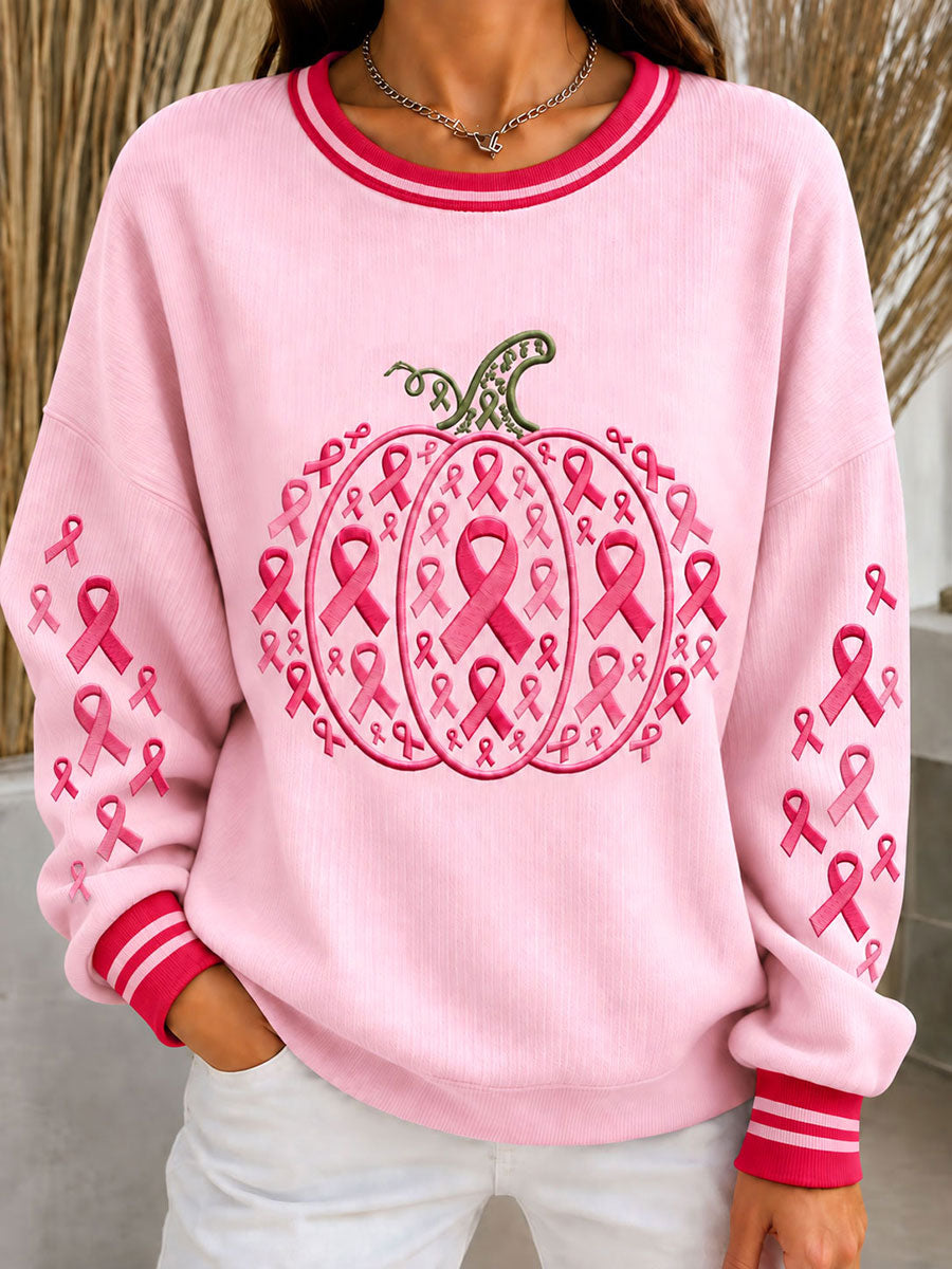 Women's Halloween Pink Ribbon Ribbed Round-Neck Sweatshirt