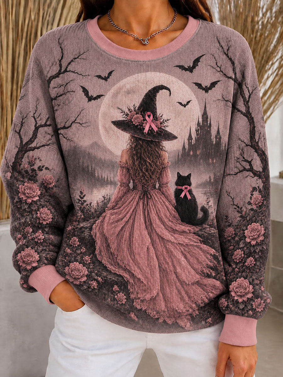Women's Halloween Pink Ribbon Ribbed Round-Neck Sweatshirt