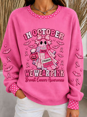 Women's Halloween Pink Ribbon Ribbed Round-Neck Sweatshirt