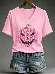 Women's Breast Cancer Awareness Halloween Pumpkin Short-sleeved T-shirt
