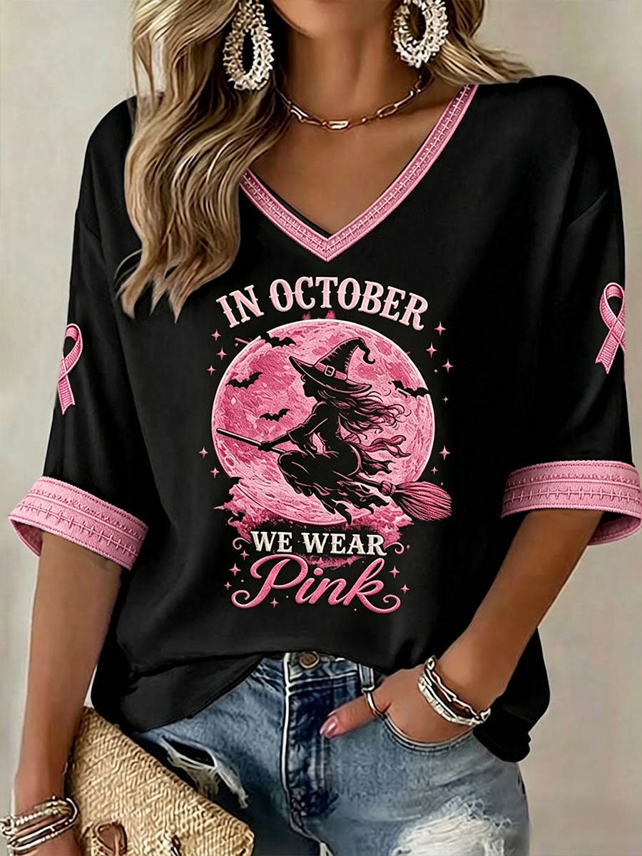 Women's In October We Wear Pink Halloween Witch Mid-length Sleeves V-Neck T-Shirt