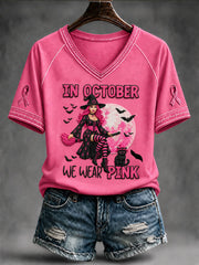 Women's In October We Wear Pink Halloween Witch V-neck T-shirt