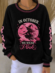 Women's In October We Wear Pink Halloween Witch Ribbed Round-Neck Sweatshirt