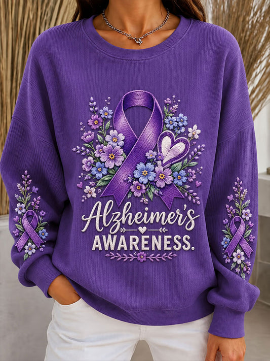 Women's Alzheimer's Disease Purple Floral Ribbed Round-Neck Sweatshirt