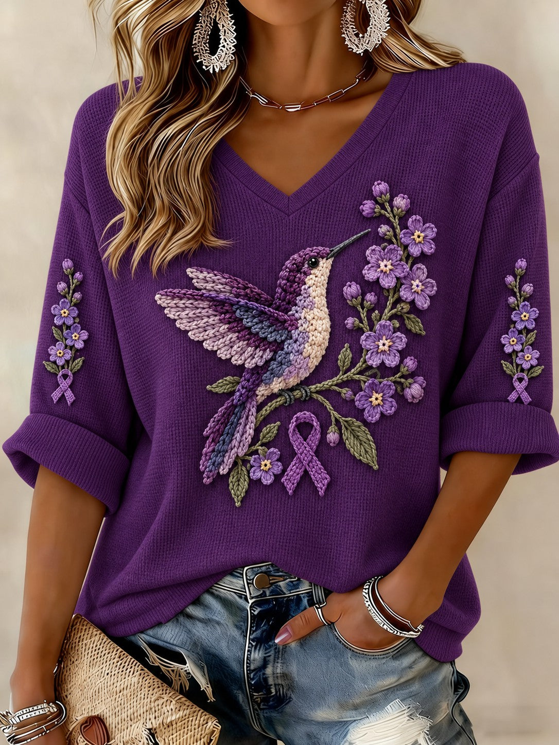 Women's Alzheimer's Disease Flowers Printed Mid-length Sleeves V-neck T-shirt