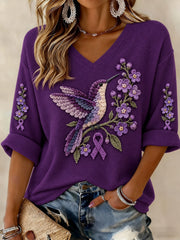 Women's Alzheimer's Disease Flowers Printed Mid-length Sleeves V-neck T-shirt