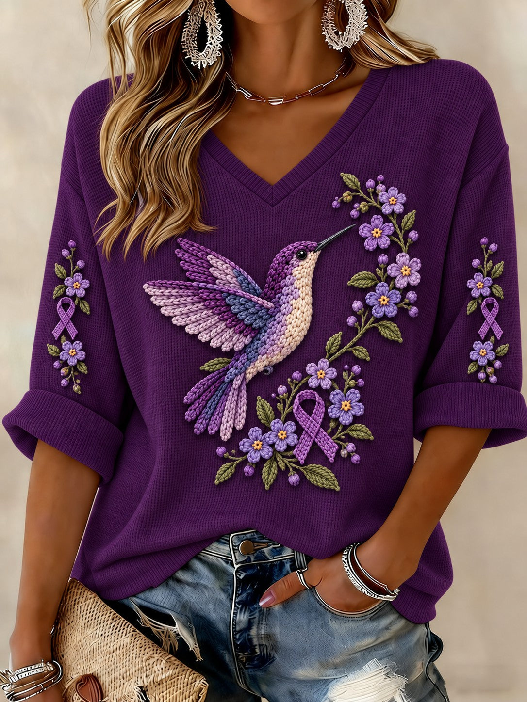 Women's Alzheimer's Disease Flowers Printed Mid-length Sleeves V-neck T-shirt