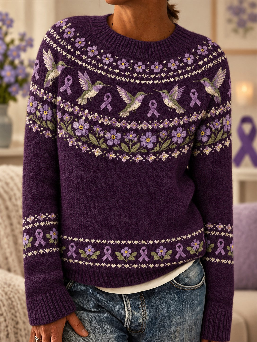Women's Alzheimer's Disease Flowers Printed Sweater