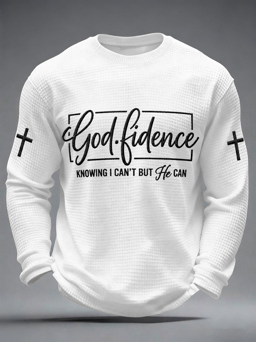 Men's Godfidence Christian Cross Faith Graphic Casual Waffle Long Sleeve T-Shirt