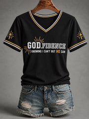 Women's Godfidence Christian Cross Faith Print Casual V-Neck Tee