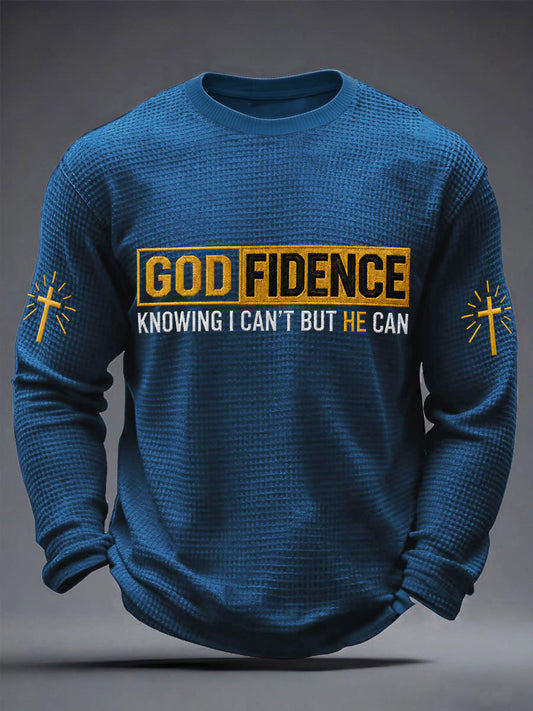 Men's Godfidence Christian Cross Faith Graphic Casual Waffle Long Sleeve T-Shirt