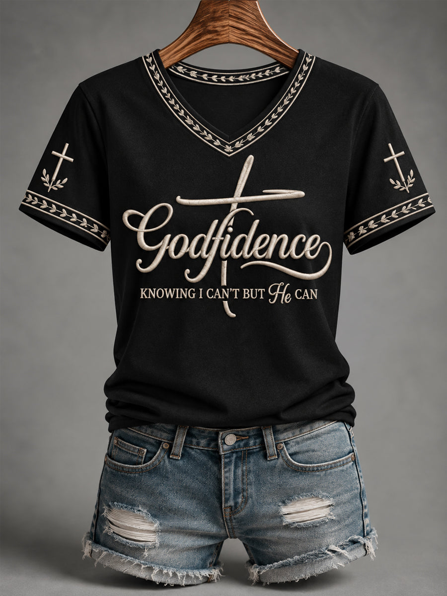 Women's Godfidence Christian Cross Faith Print Casual V-Neck Tee