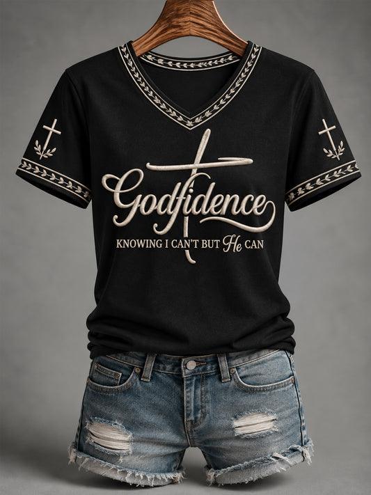Women's Godfidence Christian Cross Faith Print Casual V-Neck Tee