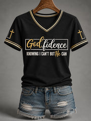 Women's Godfidence Christian Cross Faith Print Casual V-Neck Tee