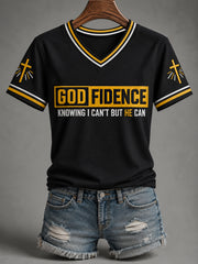 Women's Godfidence Christian Cross Faith Print Casual V-Neck Tee