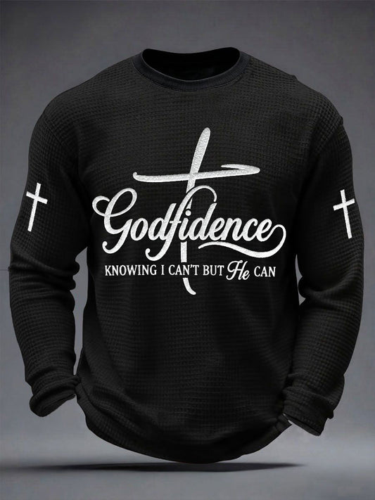 Men's Godfidence Christian Cross Faith Graphic Casual Waffle Long Sleeve T-Shirt