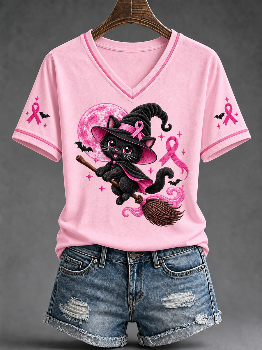 Women's Breast Cancer Awareness Support Print V-Neck Tee