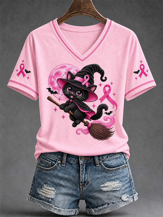 Women's Breast Cancer Awareness Support Print V-Neck Tee