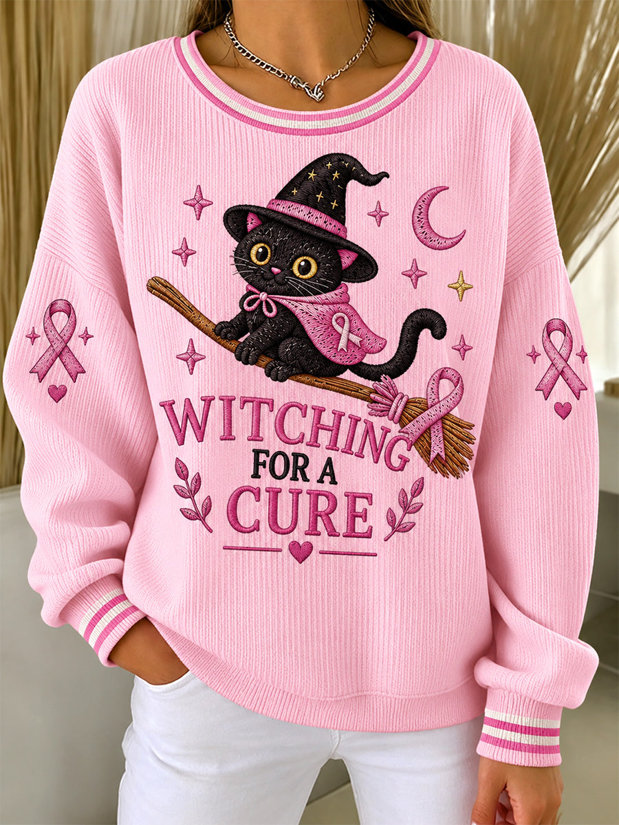 Women's Breast Cancer Awareness Support Print Ribbed Round-Neck Sweatshirt