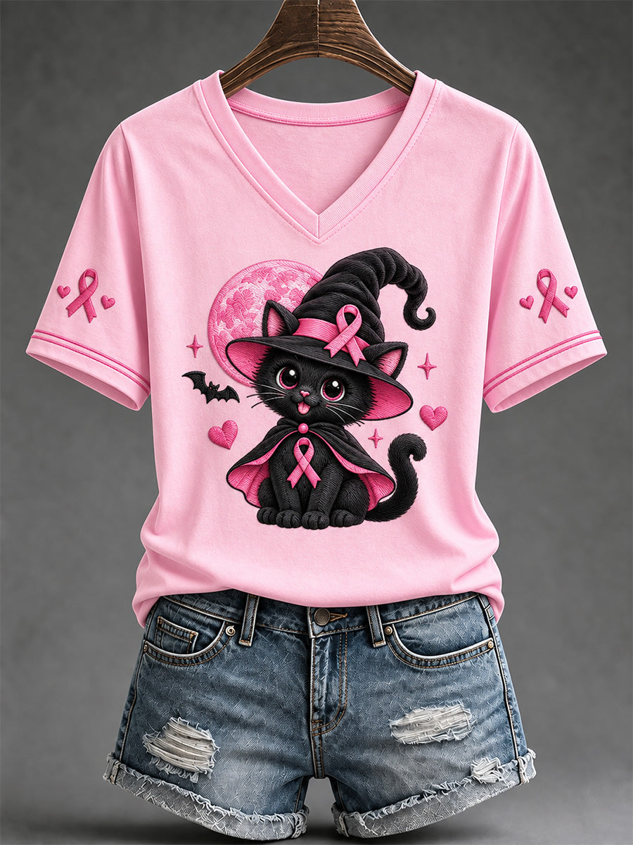 Women's Breast Cancer Awareness Support Print V-Neck Tee
