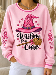 Women's Breast Cancer Awareness Support Print Ribbed Round-Neck Sweatshirt
