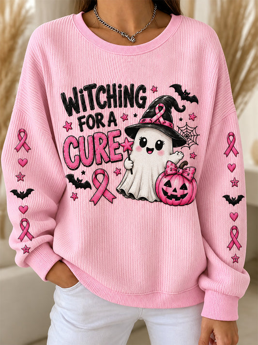 Women's Breast Cancer Awareness Support Print Ribbed Round-Neck Sweatshirt