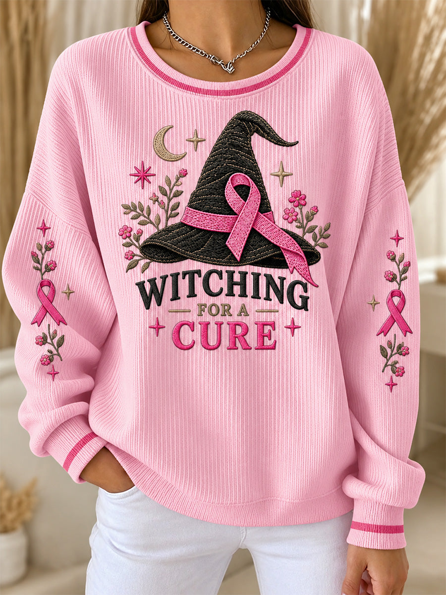 Women's Breast Cancer Awareness Support Print Ribbed Round-Neck Sweatshirt