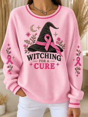 Women's Breast Cancer Awareness Support Print Ribbed Round-Neck Sweatshirt