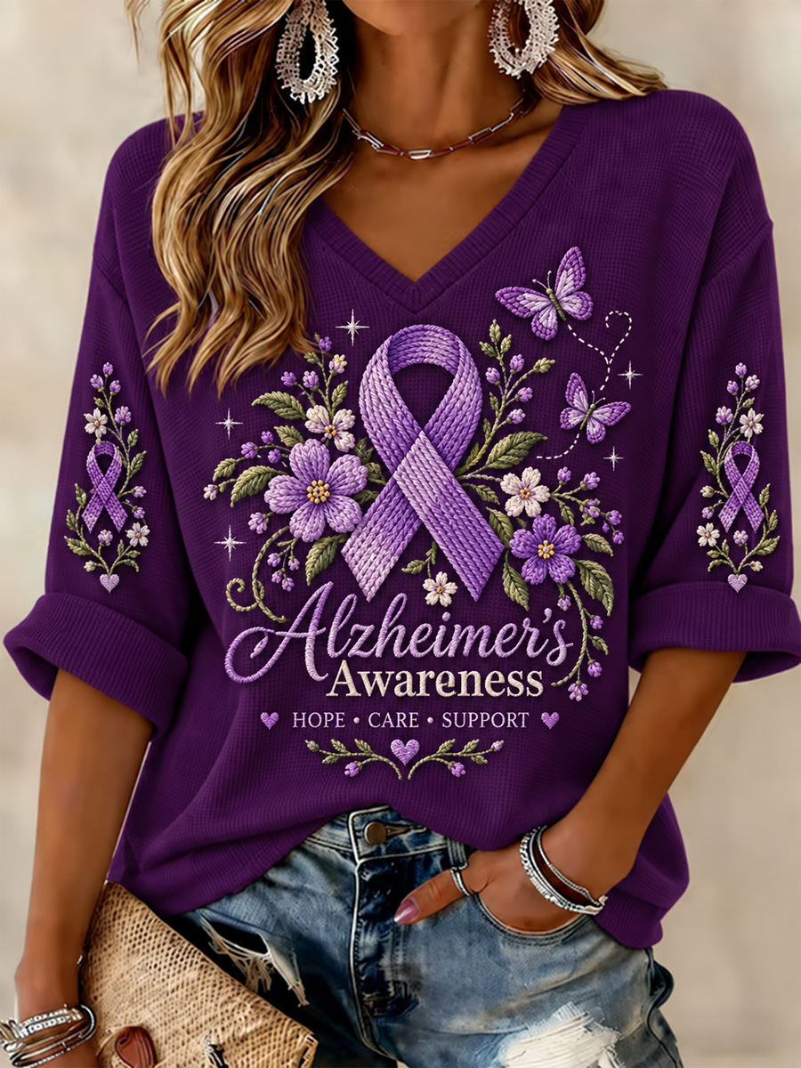 Women's Alzheimer's Awareness Purple Art Print Waffle T-shirt