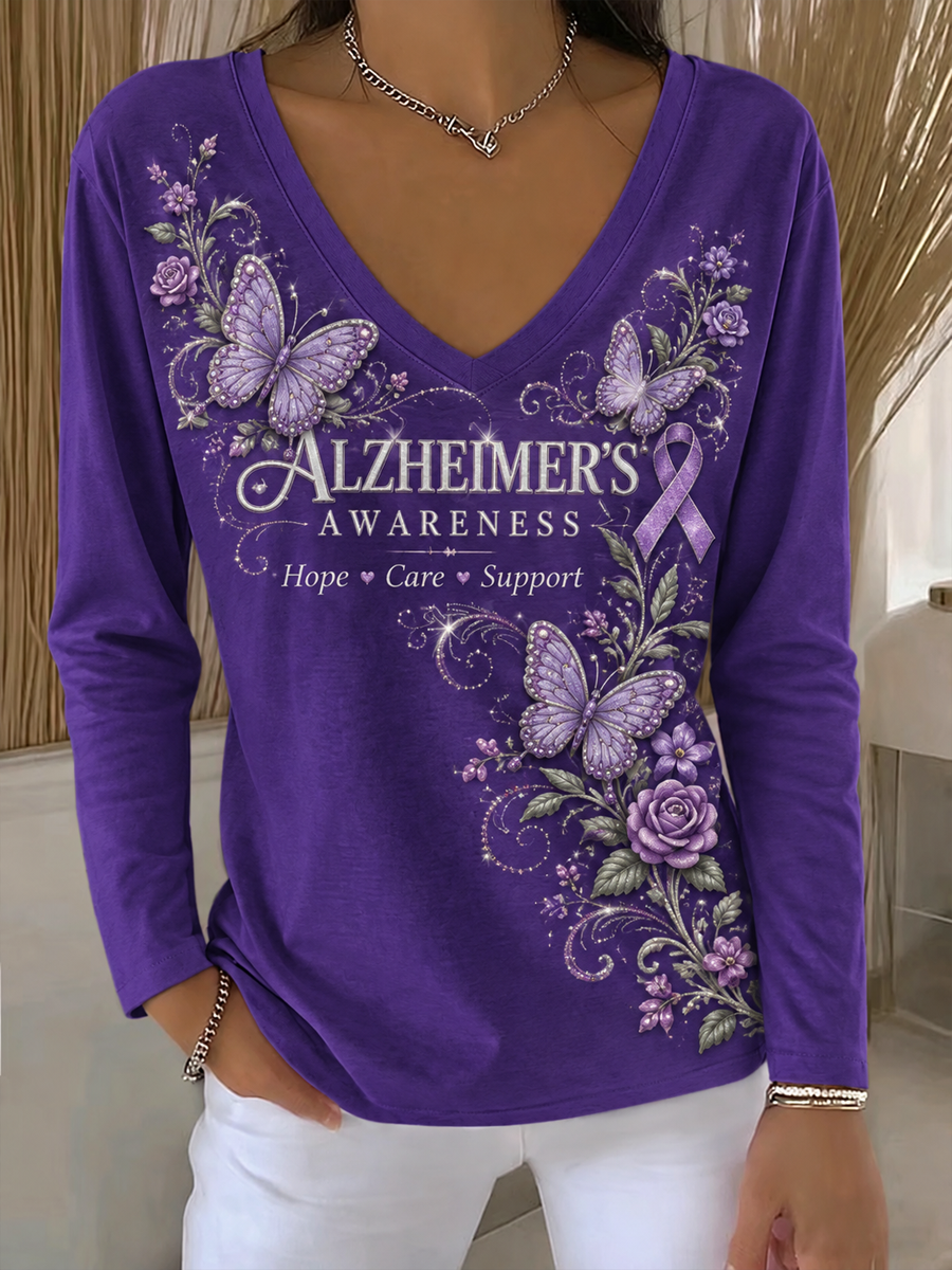 Women's Alzheimer's Awareness Purple Art Print V-Neck T-Shirt