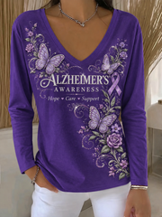 Women's Alzheimer's Awareness Purple Art Print V-Neck T-Shirt
