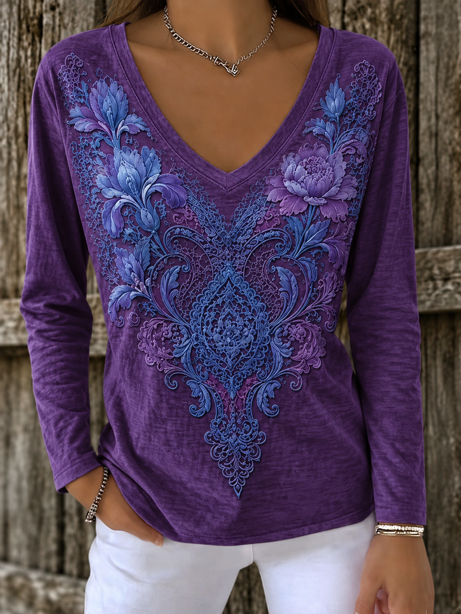 Women's Alzheimer's Awareness Purple Art Print V-Neck T-Shirt