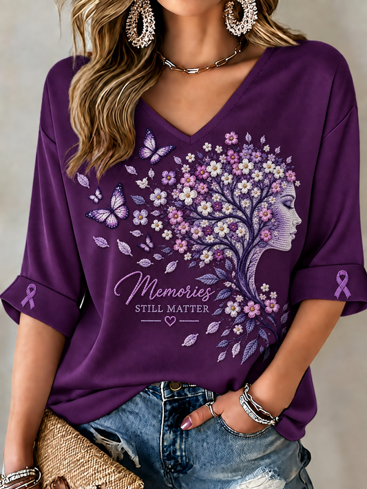 Women's Alzheimer's Awareness Purple Art Print Mid-length Sleeves V-Neck T-Shirt