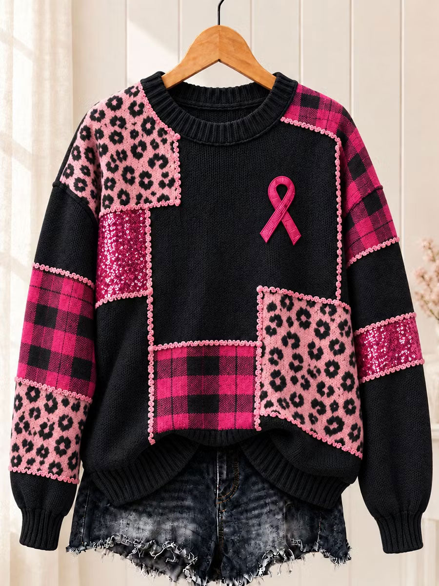 Women's Breast Cancer Pink Ribbon Crew Neck Sweater
